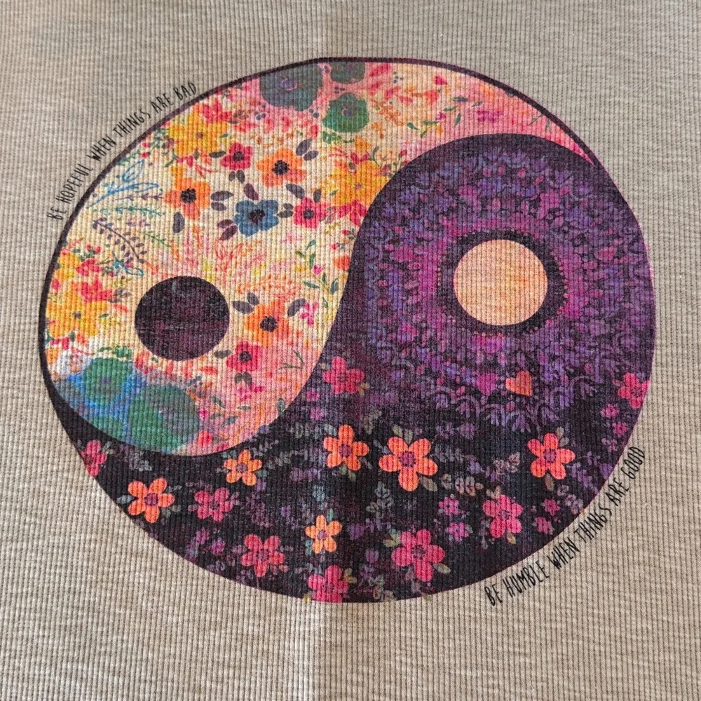 NATURAL LIFE Taupe Short Sleeve Tee with Floral Yin Yang Graphic - Picture 3 of 9